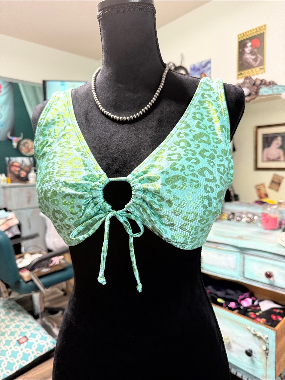 Mint Green Leopard Print Tie-Front Bralette